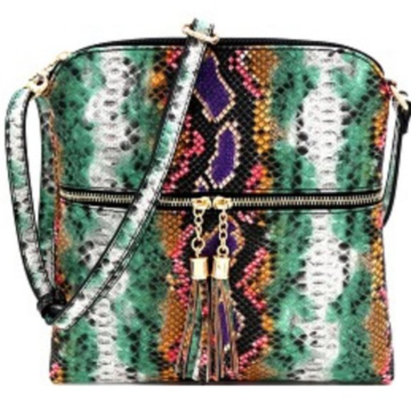 Handbags - Multi-Color Snake Print Tassel Crossbody Bag Purse